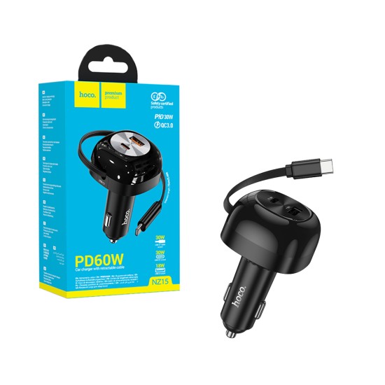 Hoco Car Charger NZ15 Unimpeded 2 Port USB+Type-C 60W with Type-C Cable Black